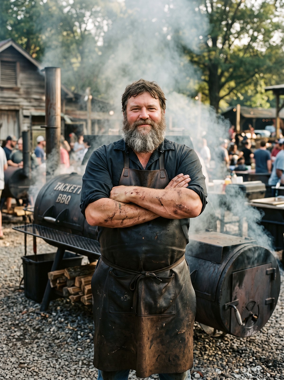 Boone Tackett, a big man with a gray-flecked beard in a dark shirt and leather apron, arms crossed and burn-marked, standing in front of a black offset smoker lettered TACKETT BBQ with smoke rising