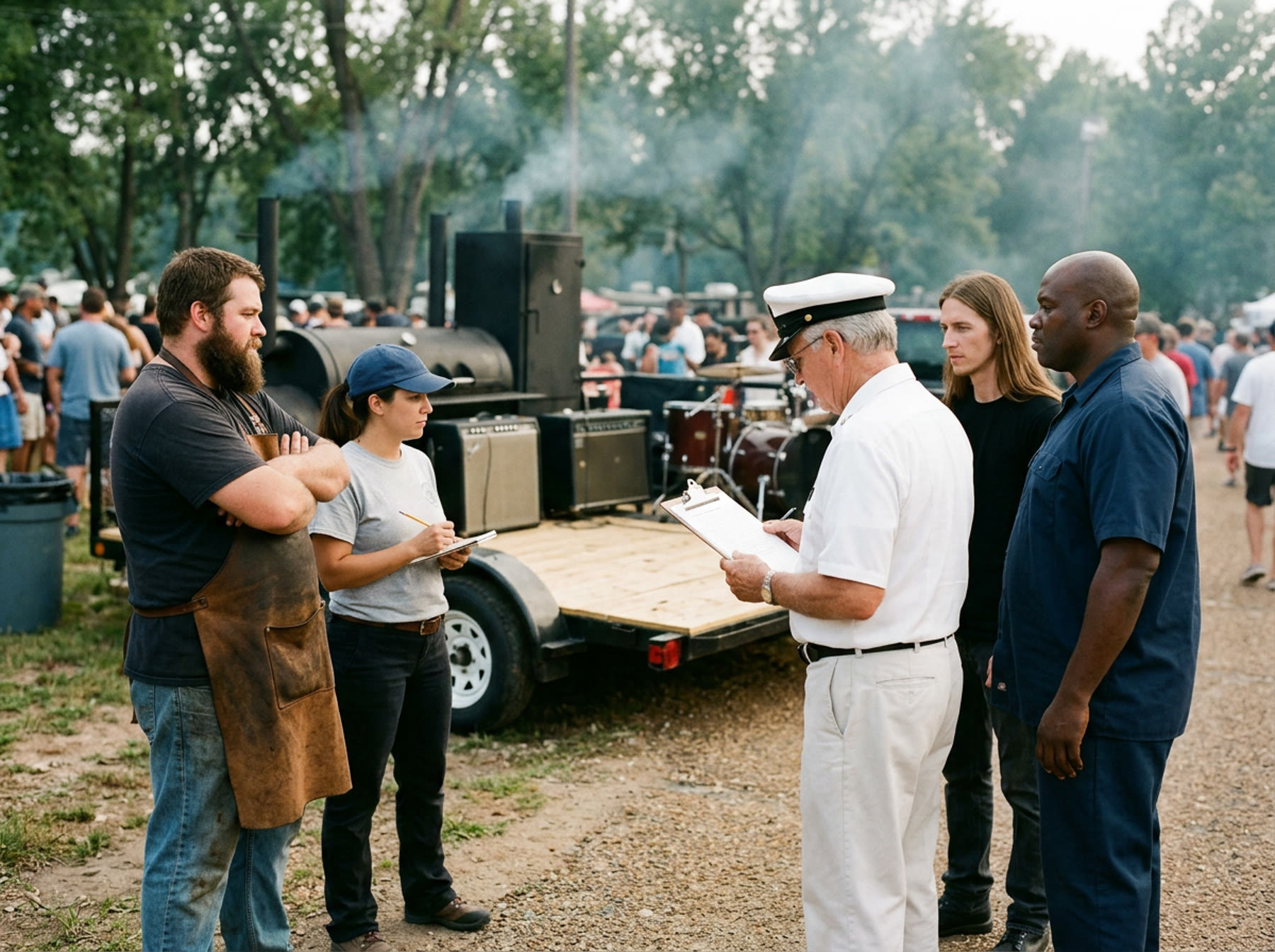 An older contest official in a white shirt and white cap reads from a clipboard to the four band members, who stand listening calmly: Boone Tackett in his leather apron with his arms crossed, Lu Strickland in a blue cap with a pencil and notebook, Hollis Gray and Reggie Pope, with the smoker trailer, amplifiers and drum kit behind them