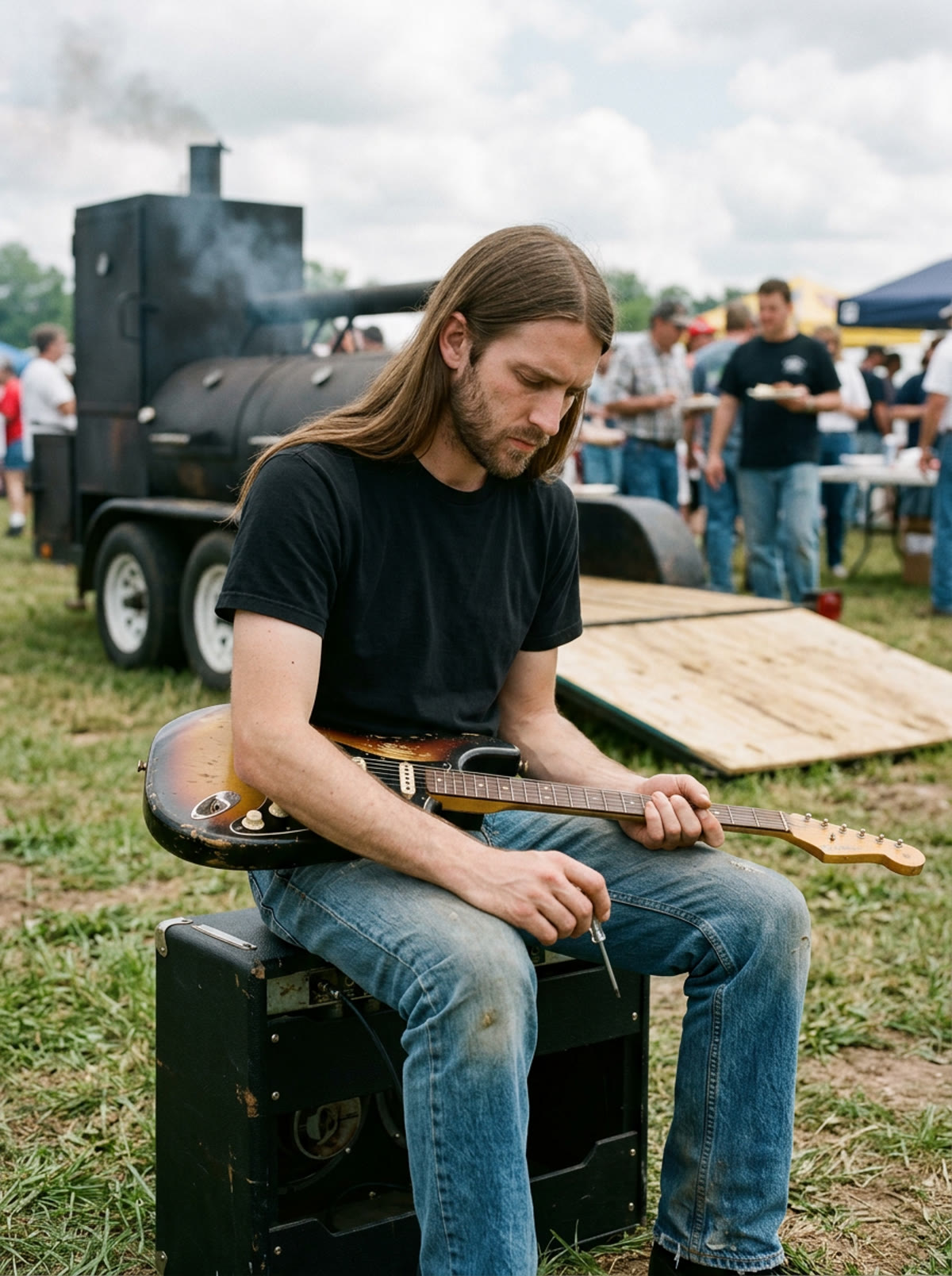 Hollis Gray, a lean man with long straight brown hair and a short beard in a black t-shirt, sitting on a guitar amplifier at a barbecue contest with a sunburst electric guitar across his knee and a small screwdriver in his hand, the smoker trailer and its plywood deck behind him