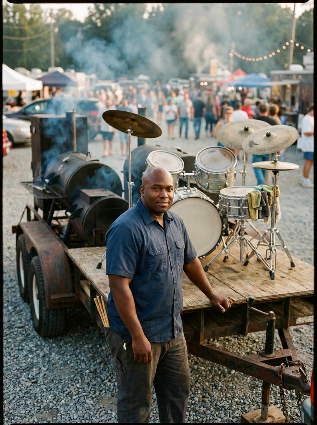 Reggie Pope, a broad bald man in a dark blue work shirt with drumsticks in his back pocket, standing with one hand on his homemade trailer, two smokers and a drum kit set up on the plywood deck behind him