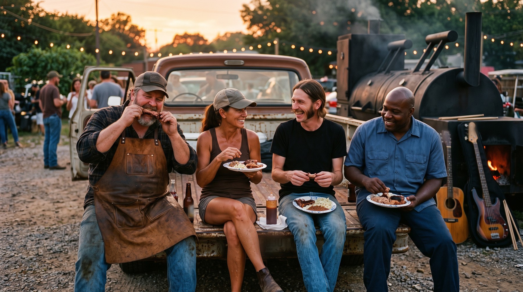 The four band members eating barbecue off paper plates on the tailgate of an old pickup truck at sunset, string lights overhead, a smoker and their guitars and bass leaning beside them