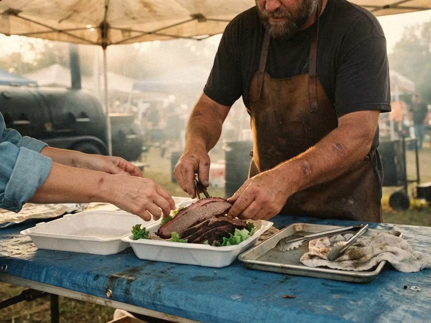 At a blue folding table under a canopy, Lu Strickland and Boone Tackett, in his leather apron, lay slices of smoked brisket with a deep smoke ring onto lettuce in a white foam judging box, a sheet pan of tongs and a towel beside it and a black smoker trailer in the haze behind